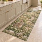 Rabbit Meadow Kitchen Rug with dimensional printed themed artwork; representative AI-generated mockup.