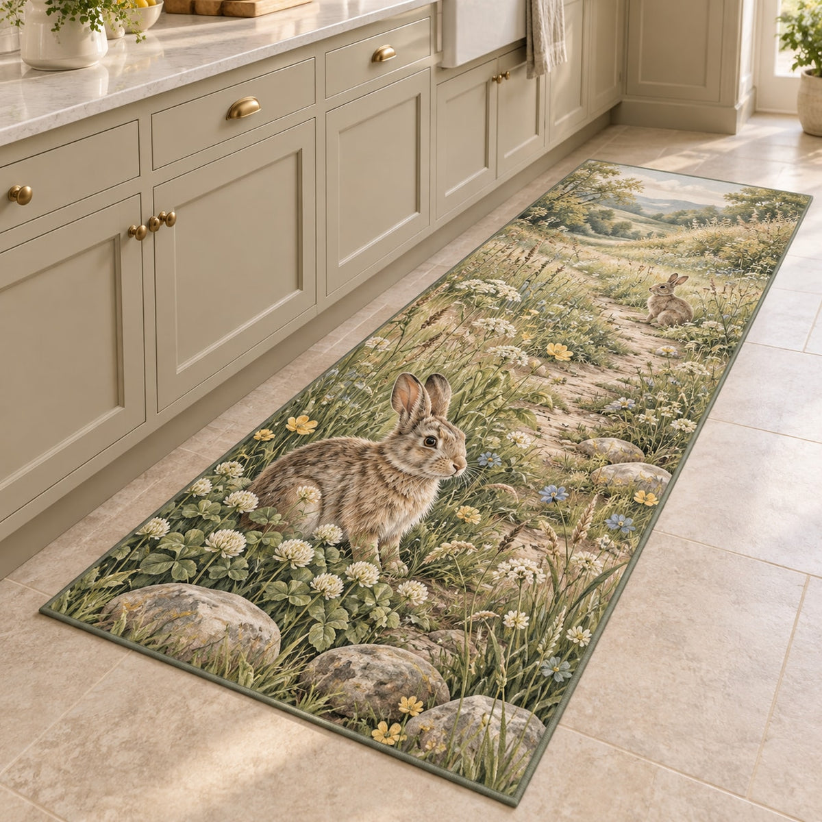 Rabbit Meadow Kitchen Rug with dimensional printed themed artwork; representative AI-generated mockup.