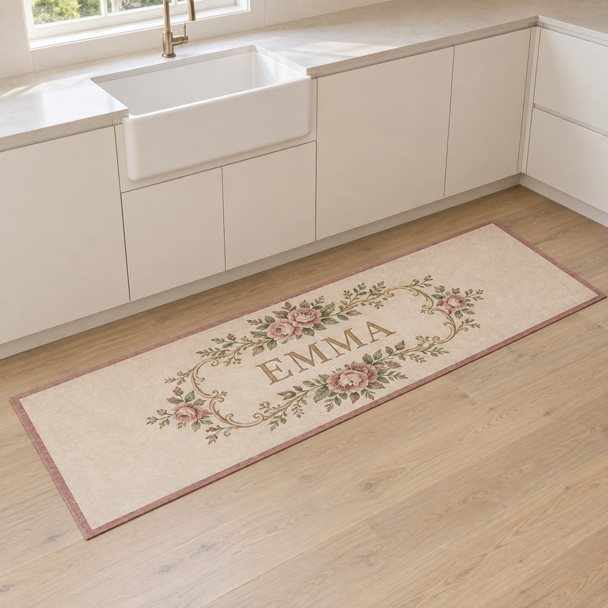 Single Name Birth Flower Kitchen Rug with dimensional printed themed artwork; representative AI-generated mockup.