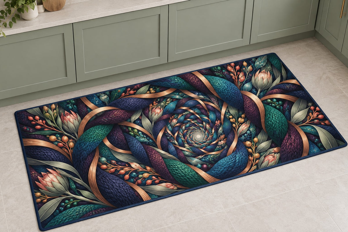Stitchlight Loom Atrium Kitchen Rug with dimensional printed themed artwork; representative AI-generated mockup.