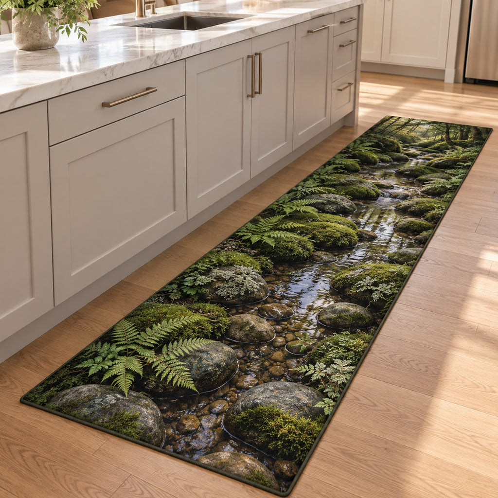 Moss and Stones Kitchen Rug with dimensional printed themed artwork; representative AI-generated mockup.