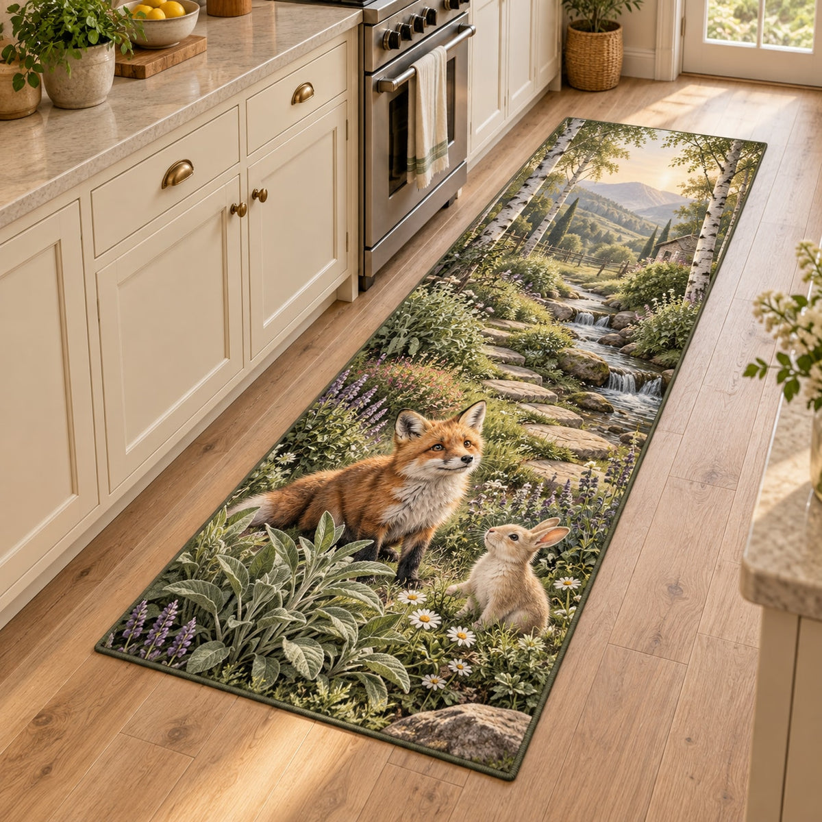 Sage Fox and Bunny Kitchen Rug with dimensional printed themed artwork; representative AI-generated mockup.
