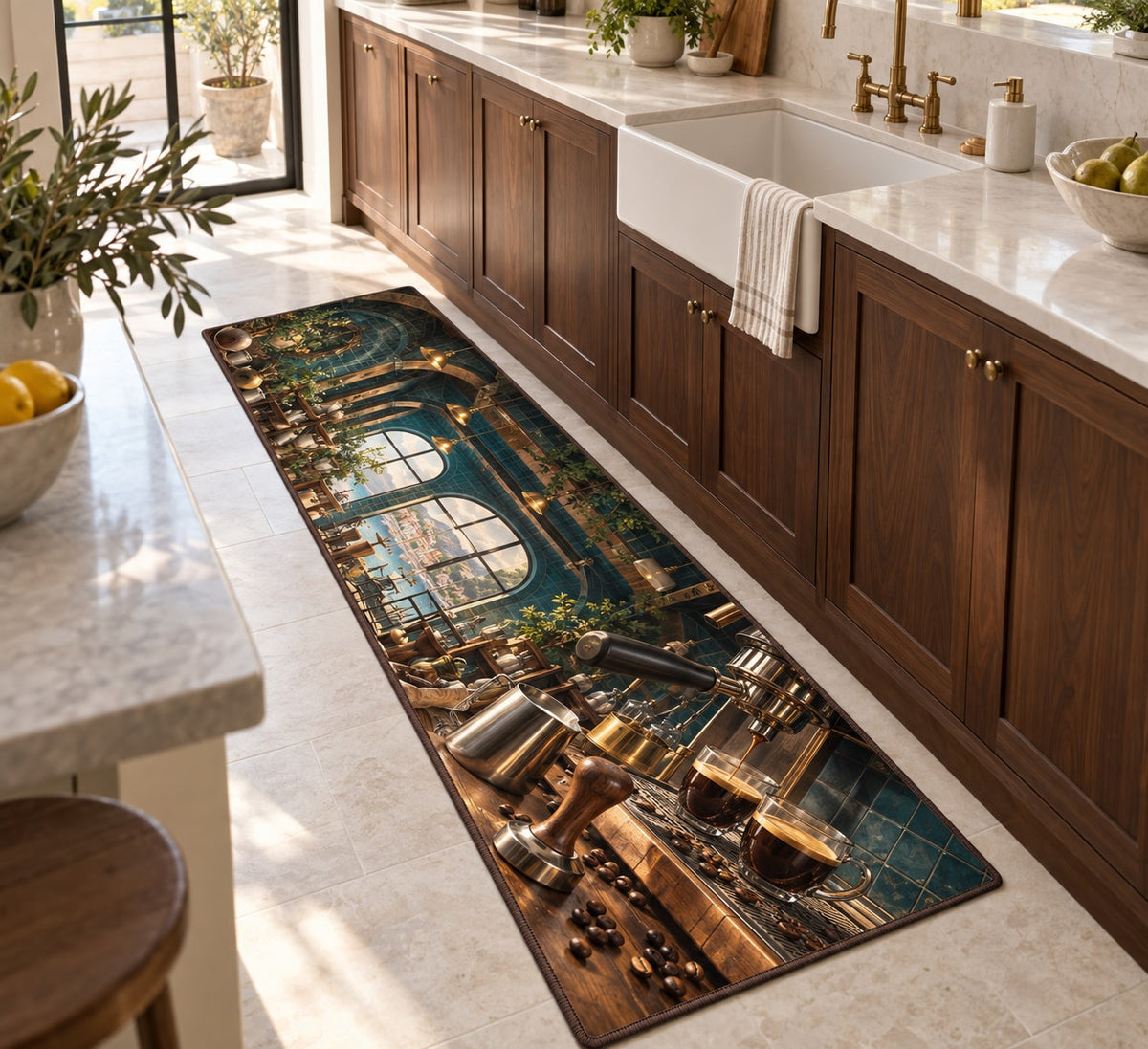 Espresso Corner Kitchen Rug with dimensional printed themed artwork; representative AI-generated mockup.