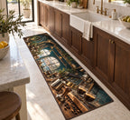 Espresso Corner Kitchen Rug with dimensional printed themed artwork; representative AI-generated mockup.