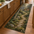 Woodland Cottage Kitchen Rug with dimensional printed themed artwork; representative AI-generated mockup.