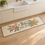 Mother Family Birth Flowers Kitchen Rug with dimensional printed themed artwork; representative AI-generated mockup.