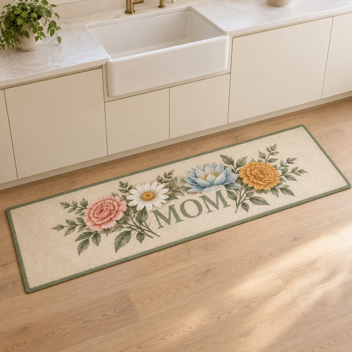 Mother Family Birth Flowers Kitchen Rug with dimensional printed themed artwork; representative AI-generated mockup.
