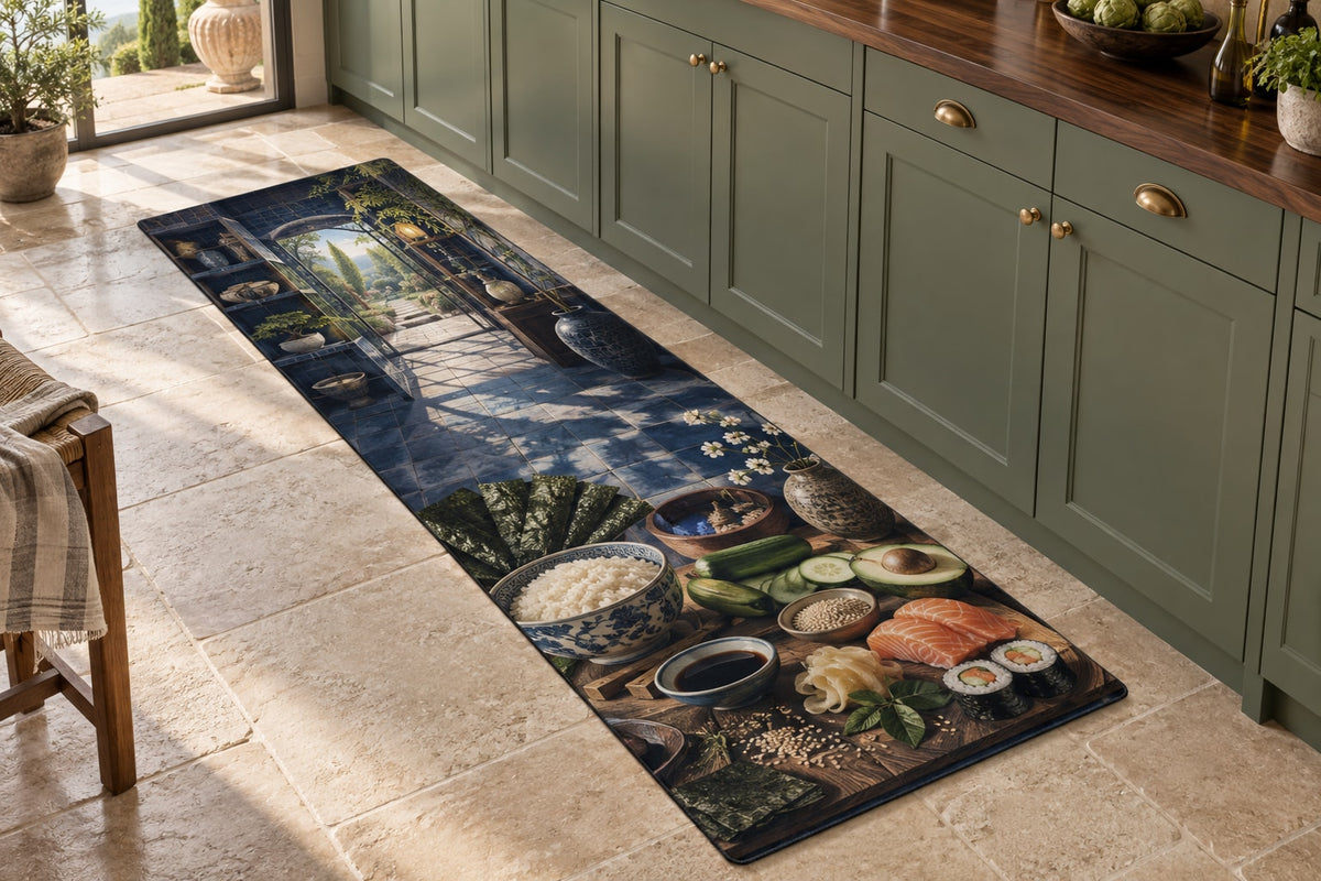 Sushi Ingredient Study Kitchen Rug with dimensional printed themed artwork; representative AI-generated mockup.