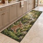 Deer and Ferns Kitchen Rug with dimensional printed themed artwork; representative AI-generated mockup.