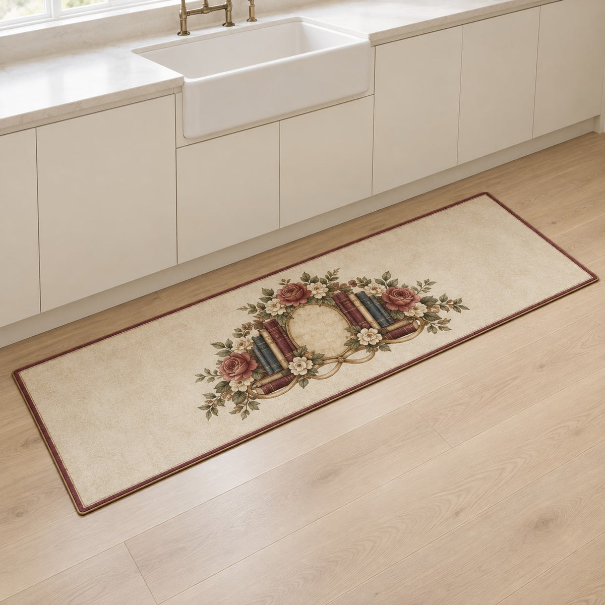 Antique Library Rose Kitchen Rug with dimensional printed themed artwork; representative AI-generated mockup.