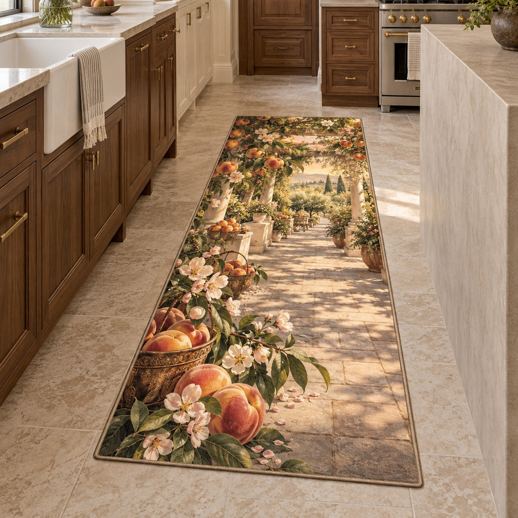 Peach Orchard Kitchen Rug with dimensional printed themed artwork; representative AI-generated mockup.