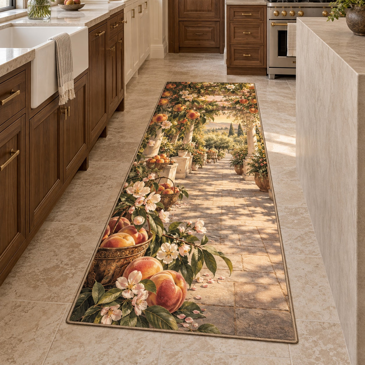 Peach Orchard Kitchen Rug with dimensional printed themed artwork; representative AI-generated mockup.