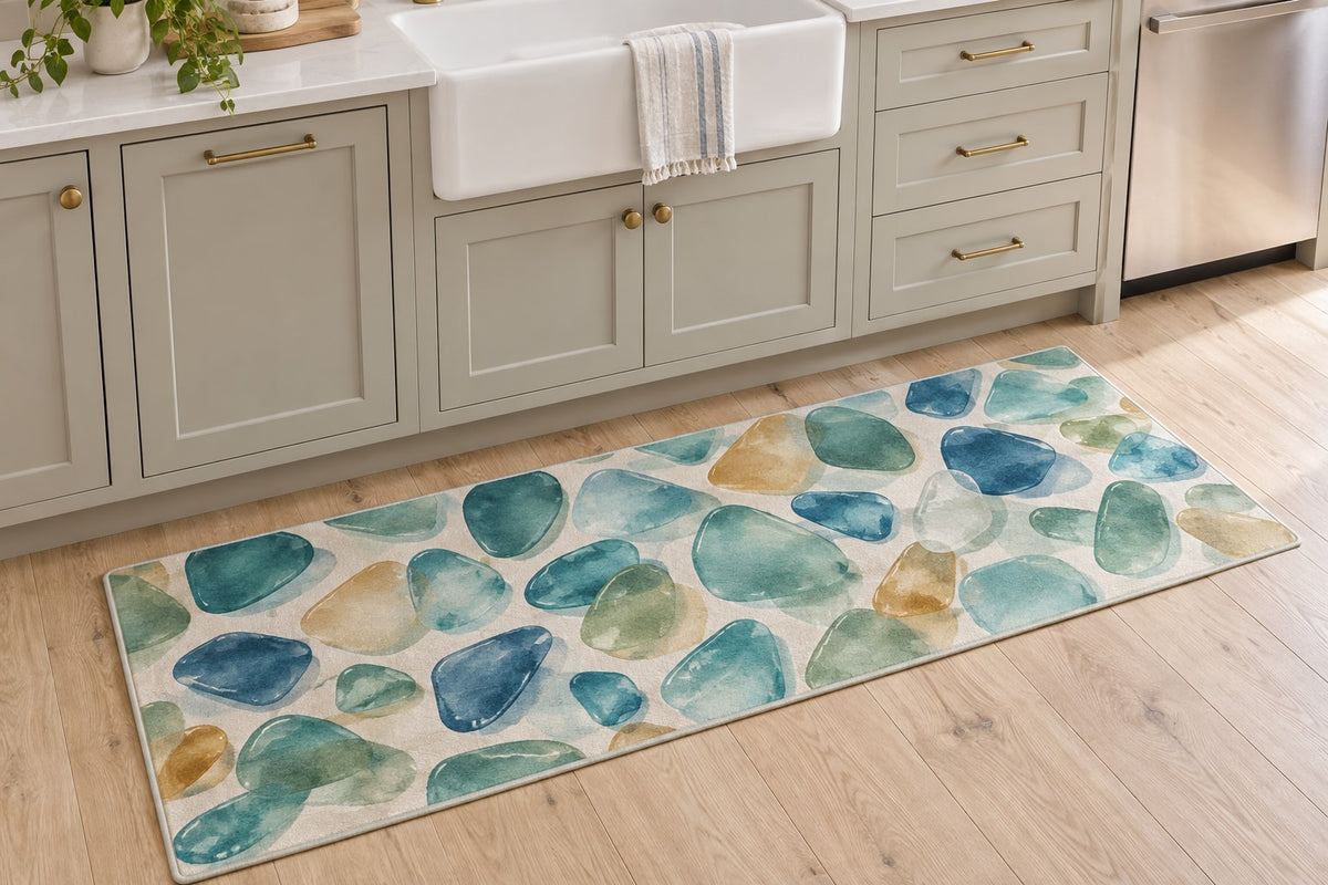 Sea Glass Shapes Kitchen Rug with dimensional printed themed artwork; representative AI-generated mockup.