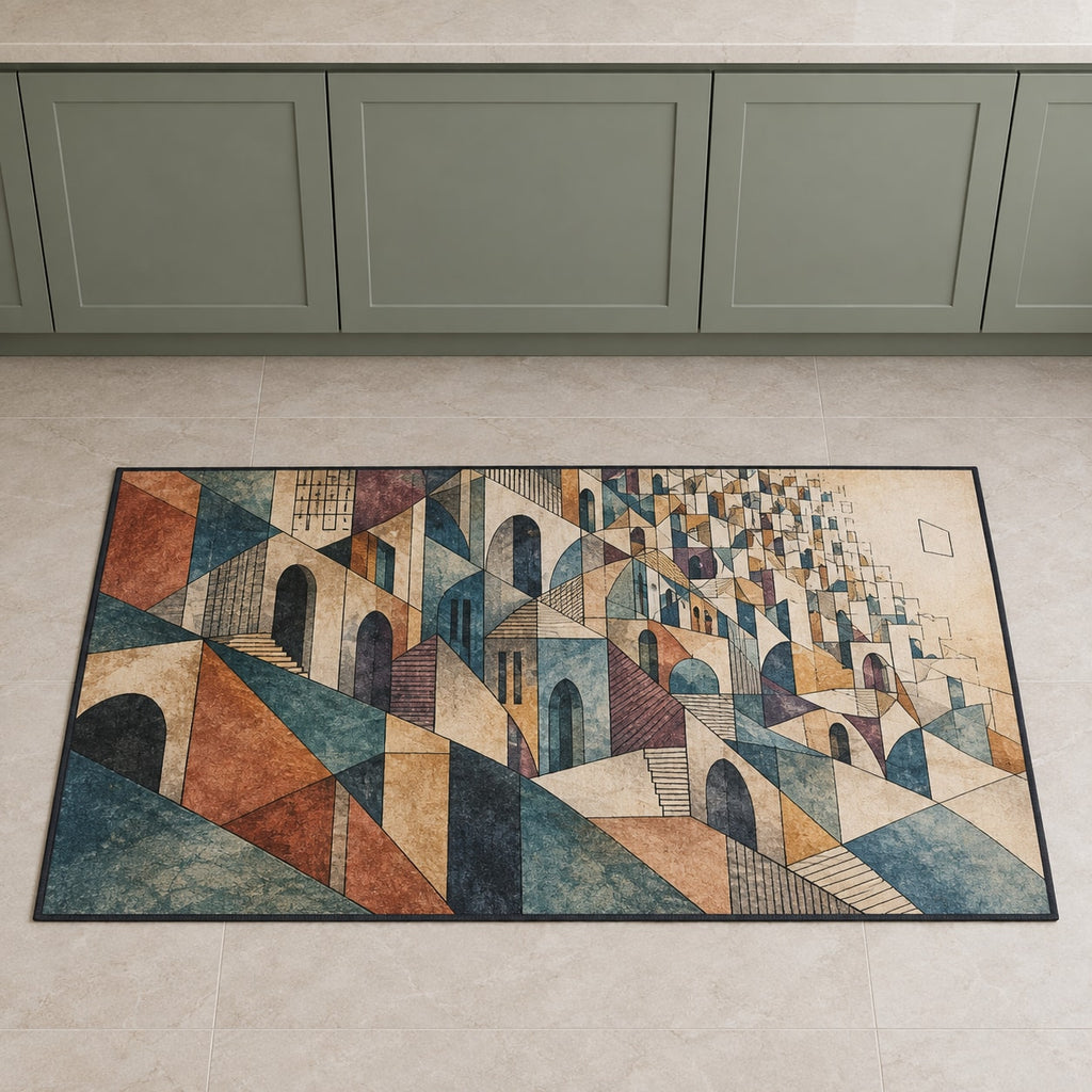 Inkline Cityfold Kitchen Rug with dimensional printed themed artwork; representative AI-generated mockup.