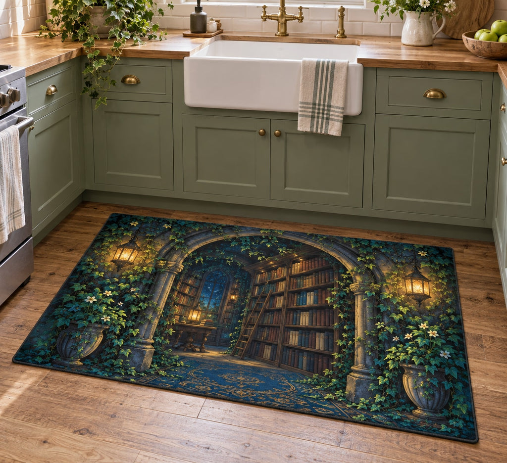Enchanted Library Arch Kitchen Rug with dimensional printed themed artwork; representative AI-generated mockup.