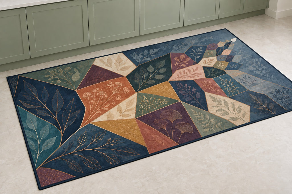 Threadlight Bloomrift Kitchen Rug with dimensional printed themed artwork; representative AI-generated mockup.