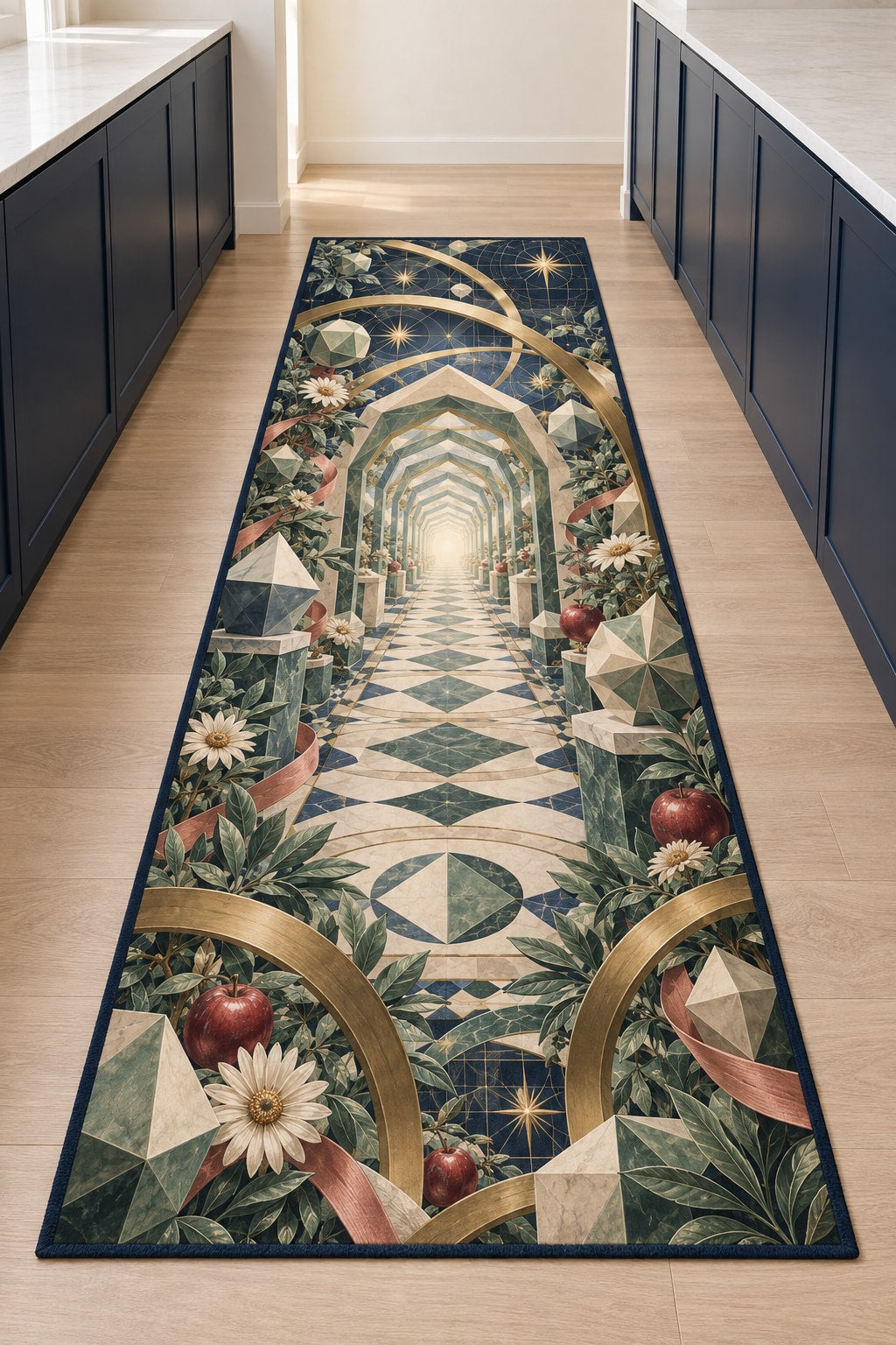 Geometric Wonder Observatory Kitchen Rug with dimensional printed themed artwork; representative AI-generated mockup.