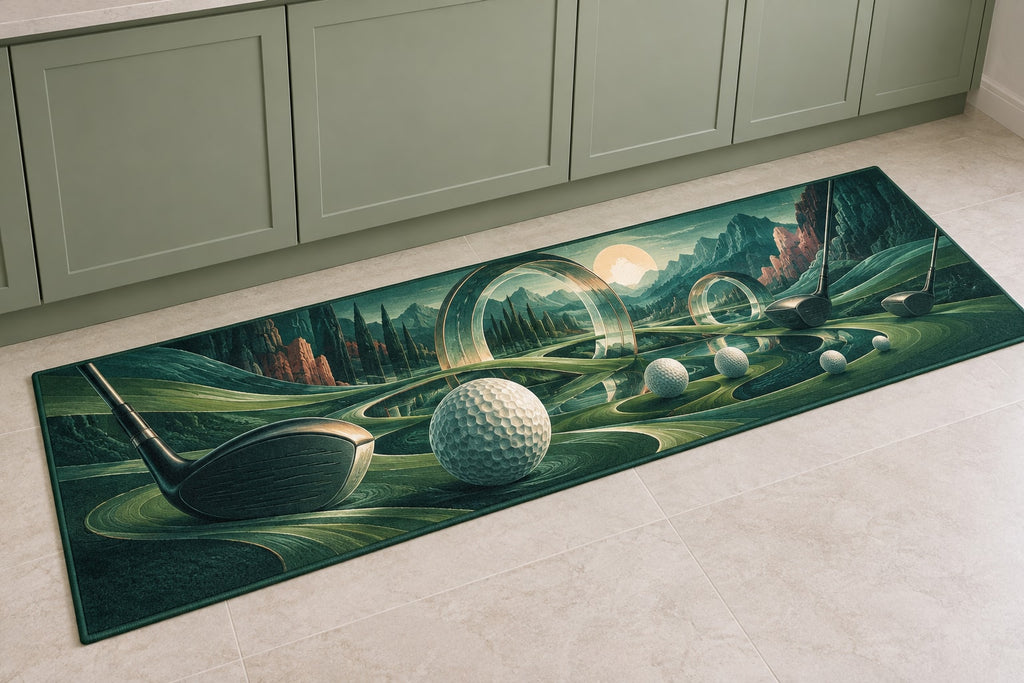 Verdant Pinflight Observatory Kitchen Rug with dimensional printed themed artwork; representative AI-generated mockup.