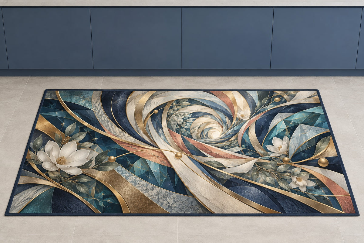 Compassion Bridge Atrium Kitchen Rug with dimensional printed themed artwork; representative AI-generated mockup.