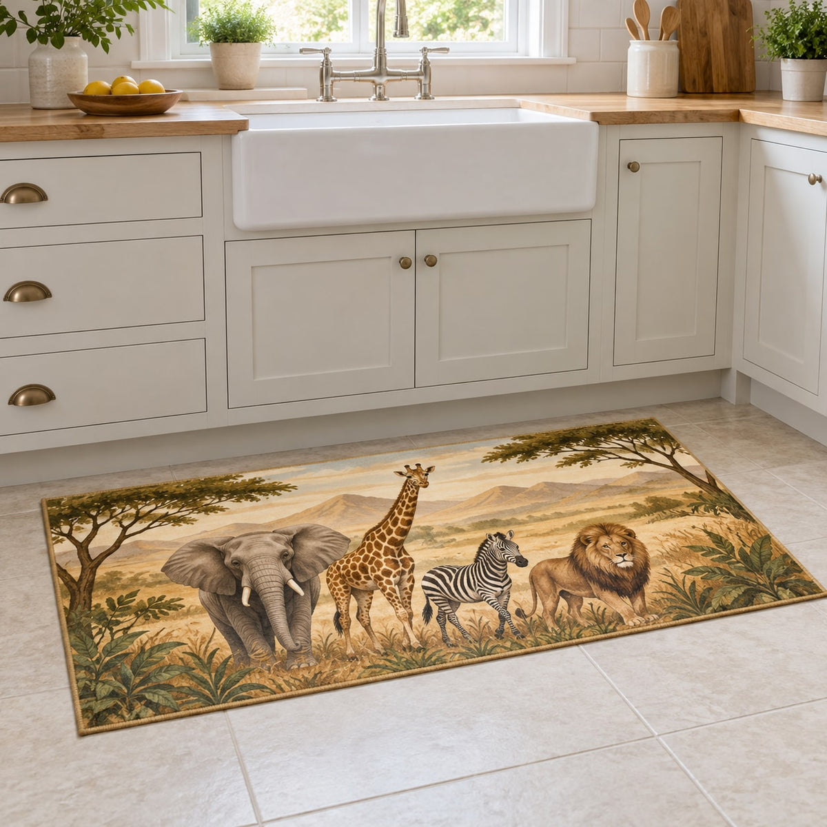 Safari Animal Parade Kitchen Rug with dimensional printed themed artwork; representative AI-generated mockup.