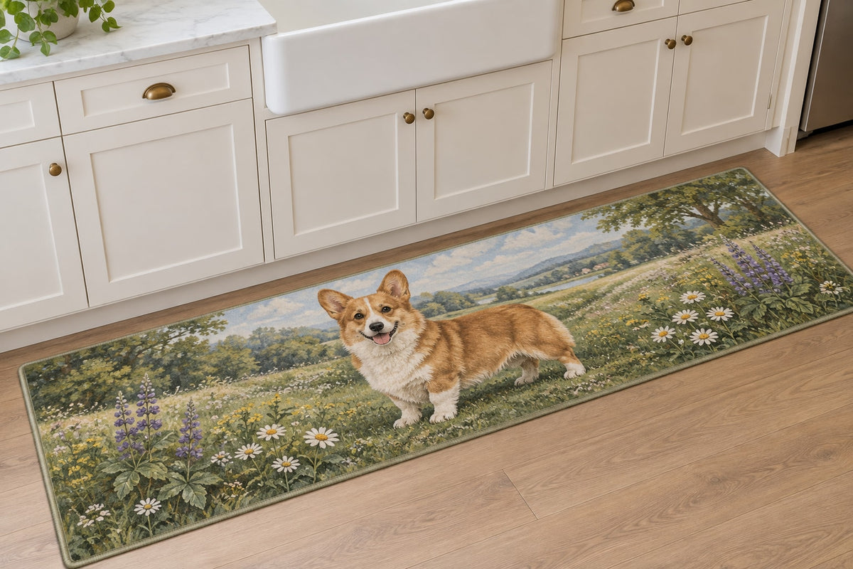 Corgi Kitchen Rug with dimensional printed themed artwork; representative AI-generated mockup.