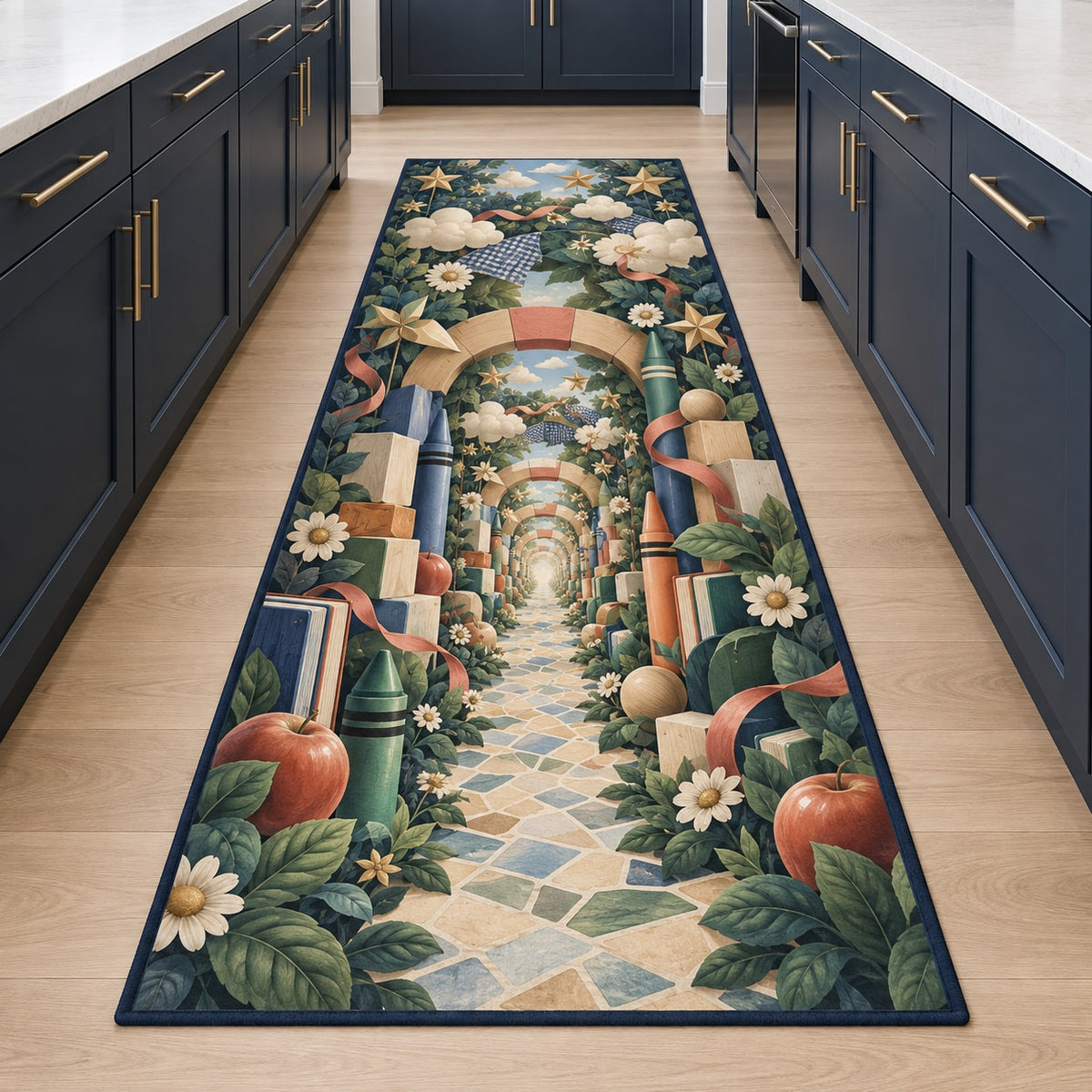 Kindergarten Wonder Garden Kitchen Rug with dimensional printed themed artwork; representative AI-generated mockup.