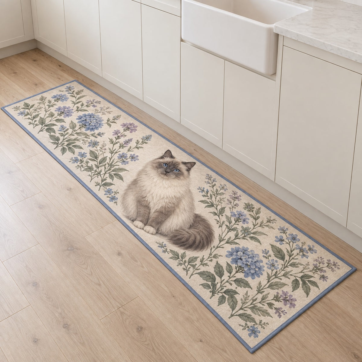 Ragdoll Cat Companion Kitchen Rug with dimensional printed themed artwork; representative AI-generated mockup.