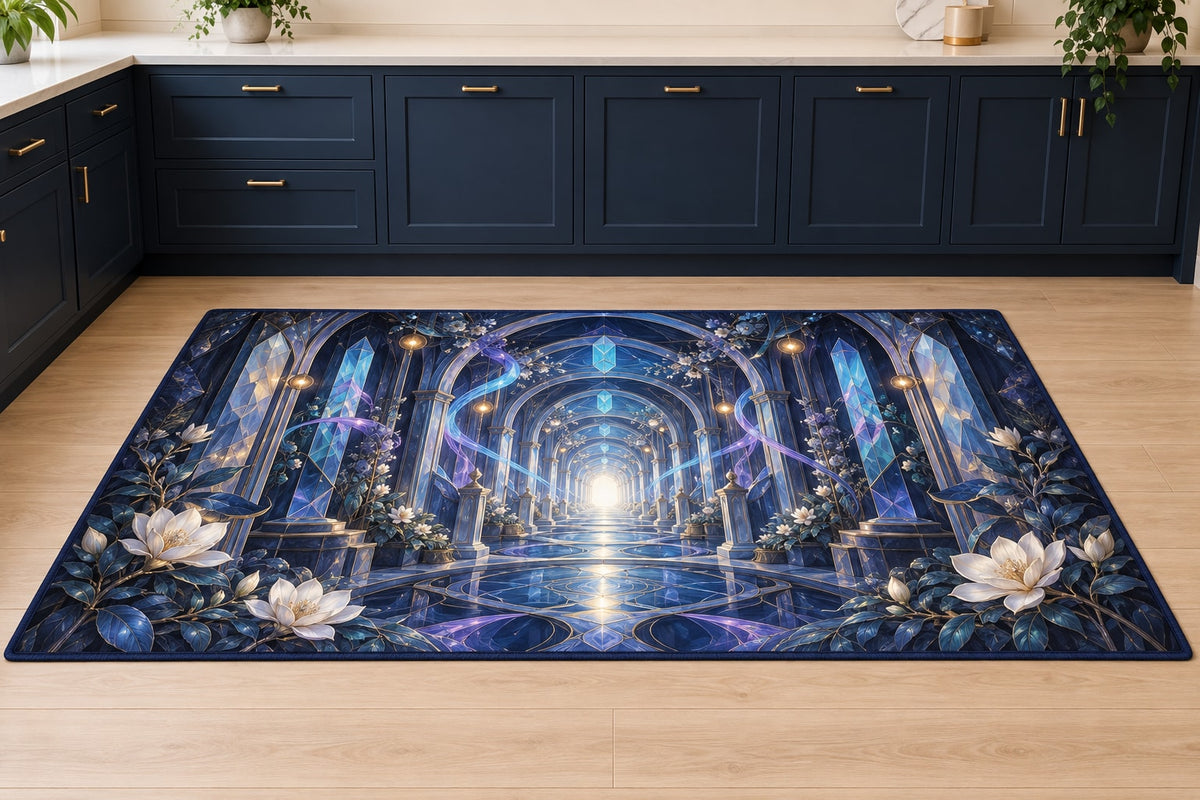 Logic Aurora Nexus Kitchen Rug with dimensional printed themed artwork; representative AI-generated mockup.