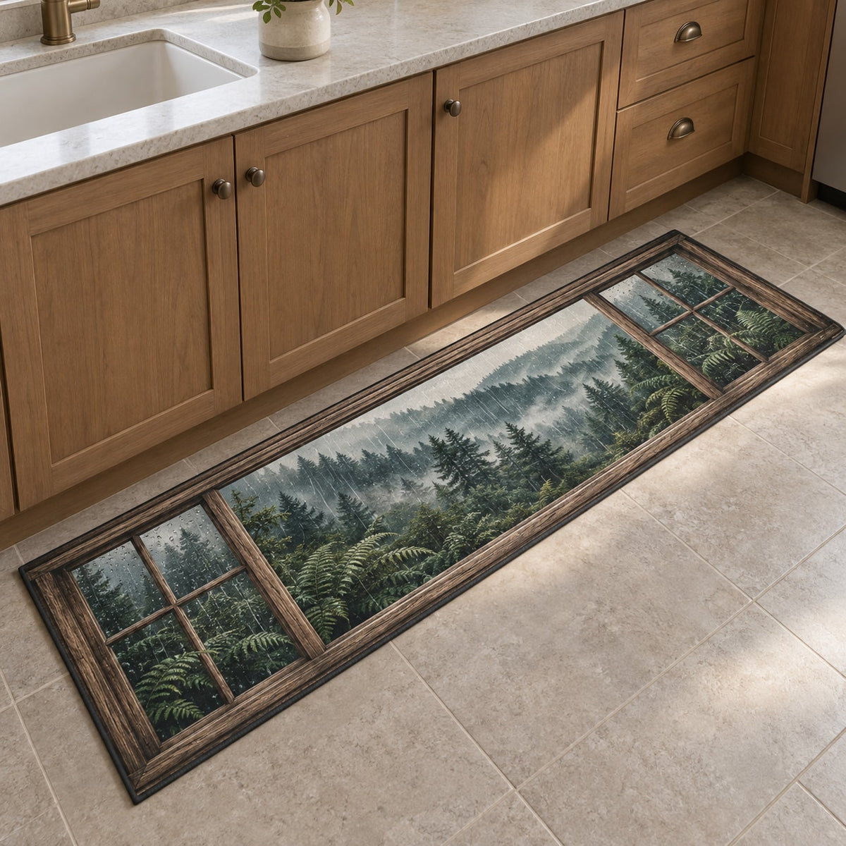 Rainy Forest Window Kitchen Rug with dimensional printed themed artwork; representative AI-generated mockup.