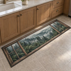 Rainy Forest Window Kitchen Rug with dimensional printed themed artwork; representative AI-generated mockup.