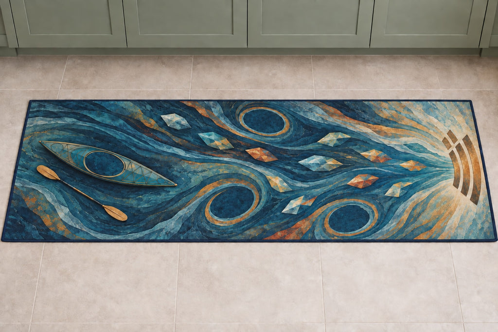 Riverglass Paddle Confluence Kitchen Rug with dimensional printed themed artwork; representative AI-generated mockup.