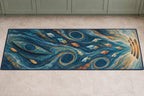 Riverglass Paddle Confluence Kitchen Rug with dimensional printed themed artwork; representative AI-generated mockup.