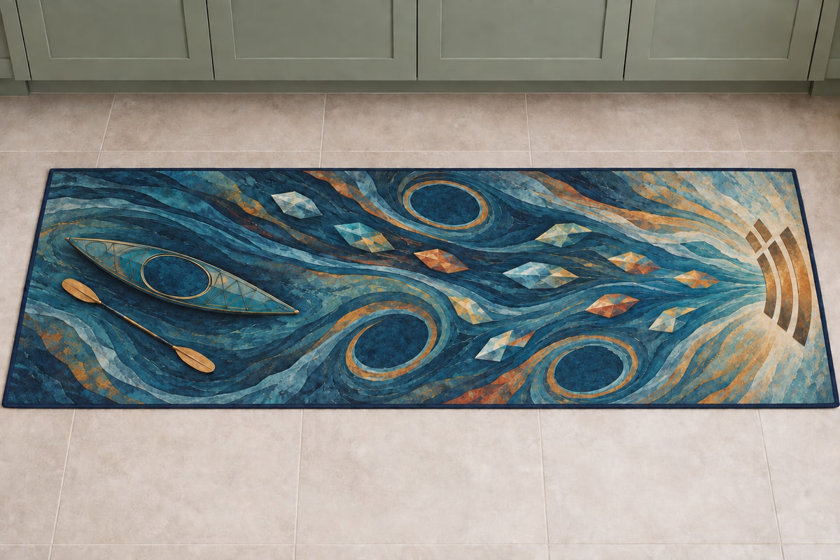 Riverglass Paddle Confluence Kitchen Rug with dimensional printed themed artwork; representative AI-generated mockup.