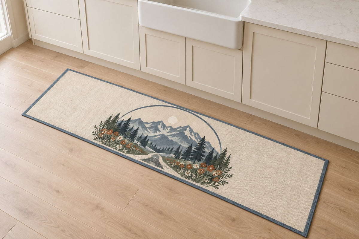Mountain Elopement Ridge Kitchen Rug with dimensional printed themed artwork; representative AI-generated mockup.
