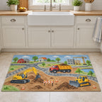 Construction Vehicle Town Kitchen Rug with dimensional printed themed artwork; representative AI-generated mockup.