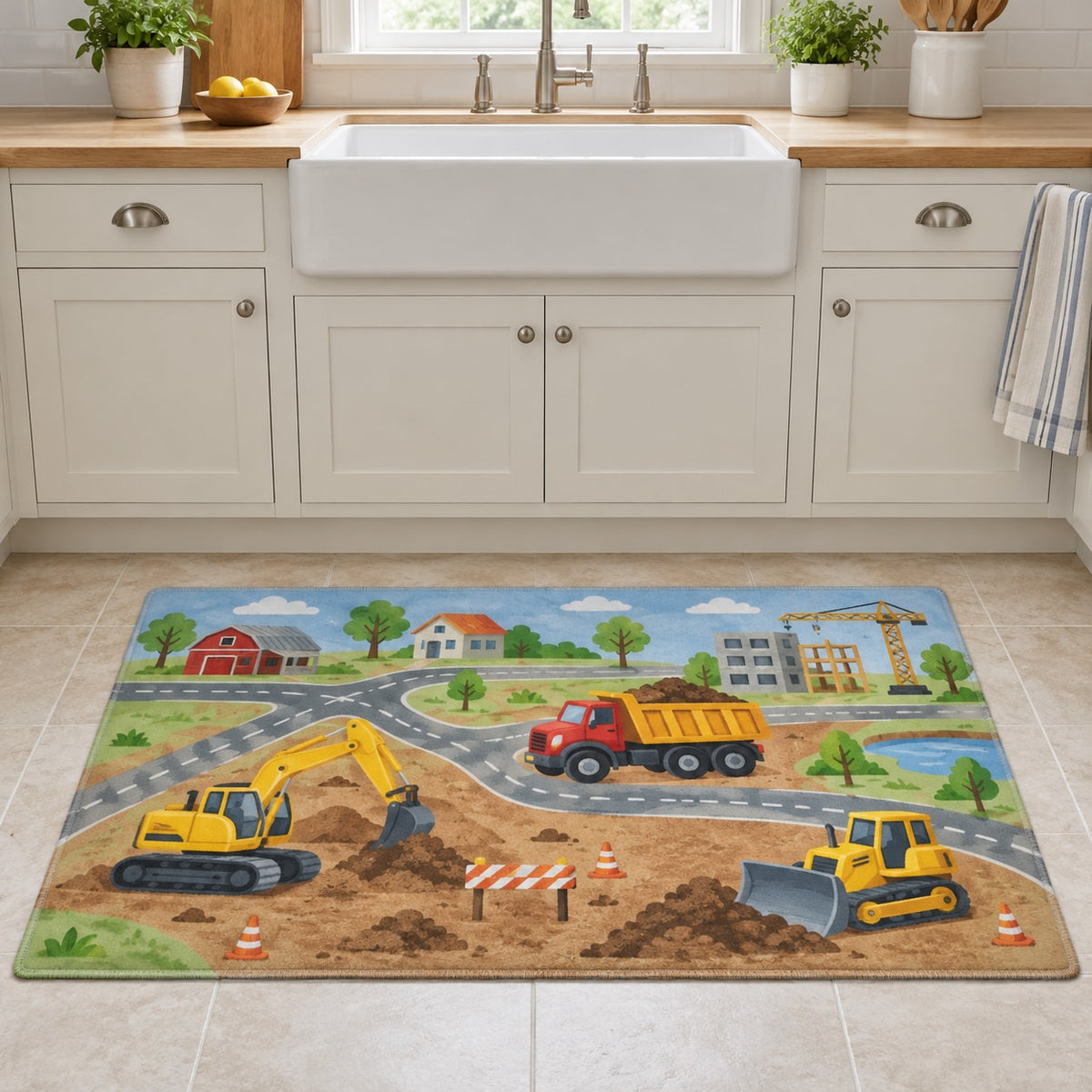 Construction Vehicle Town Kitchen Rug with dimensional printed themed artwork; representative AI-generated mockup.