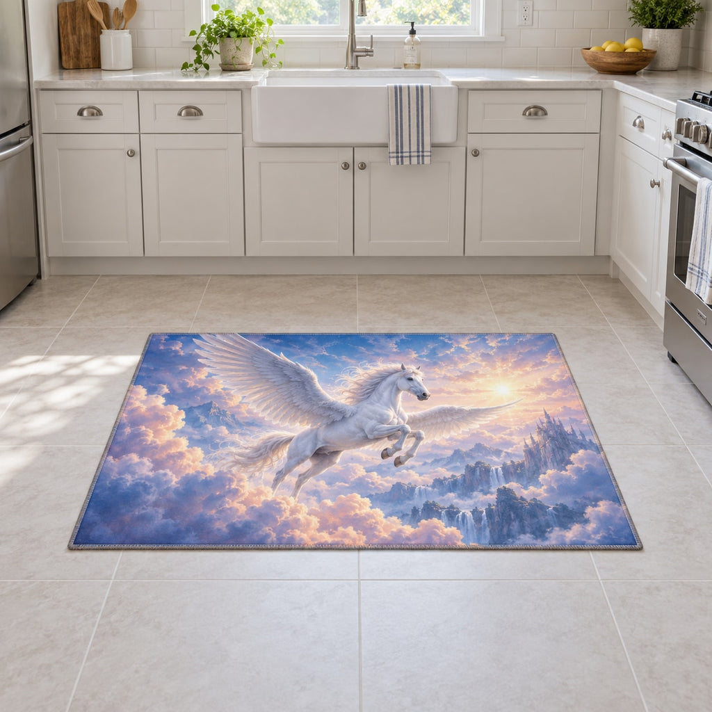 Pegasus Cloudscape Kitchen Rug with dimensional printed themed artwork; representative AI-generated mockup.
