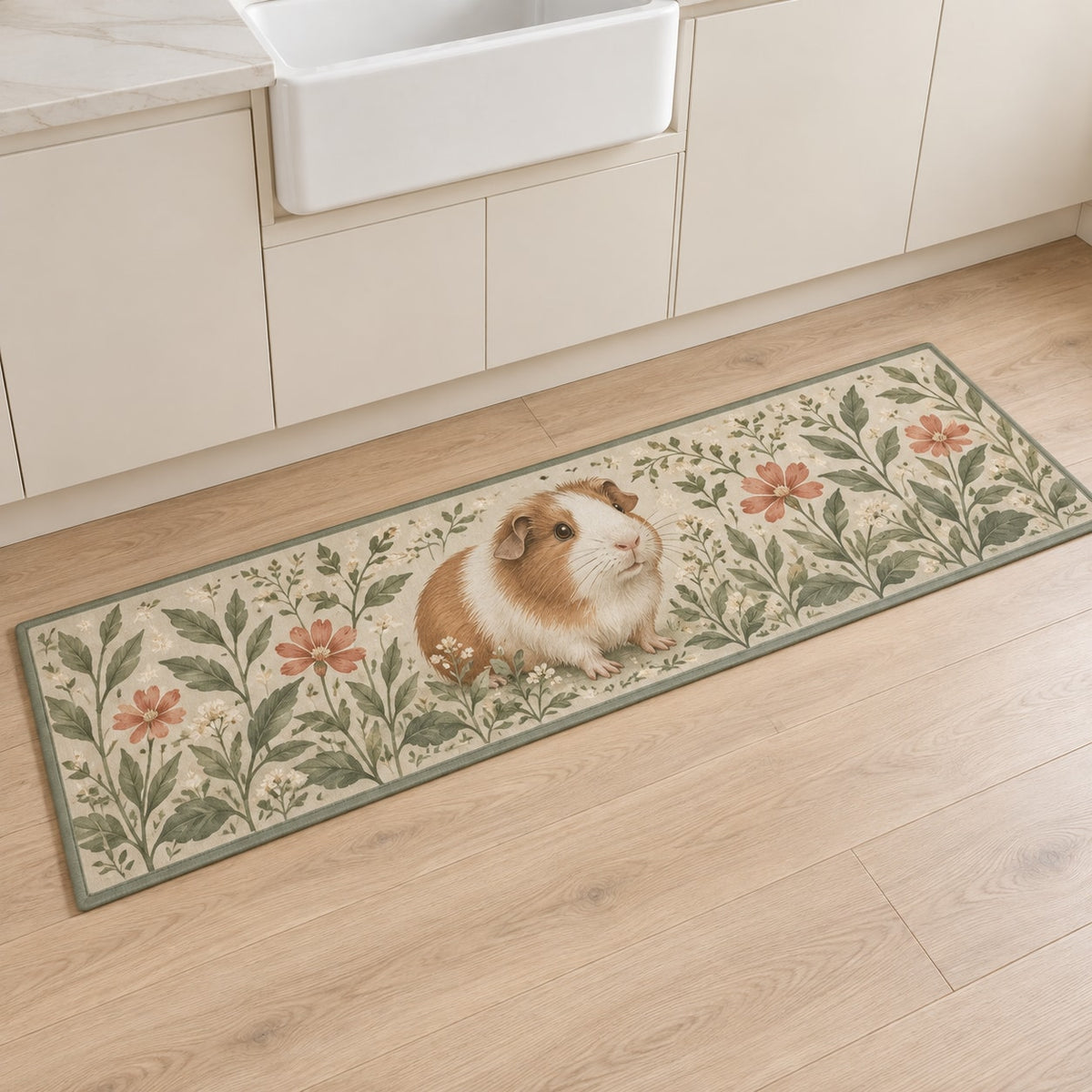 Guinea Pig Companion Kitchen Rug with dimensional printed themed artwork; representative AI-generated mockup.