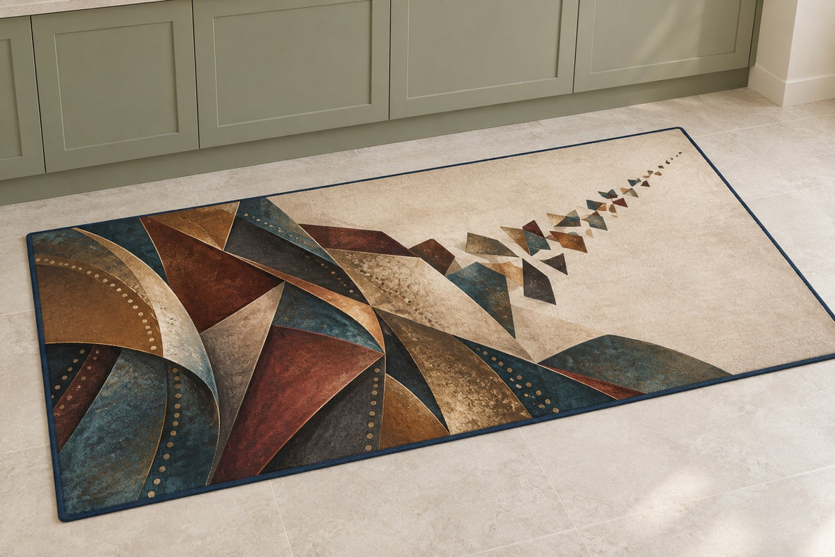 Patina Stitchfold Cascade Kitchen Rug with dimensional printed themed artwork; representative AI-generated mockup.