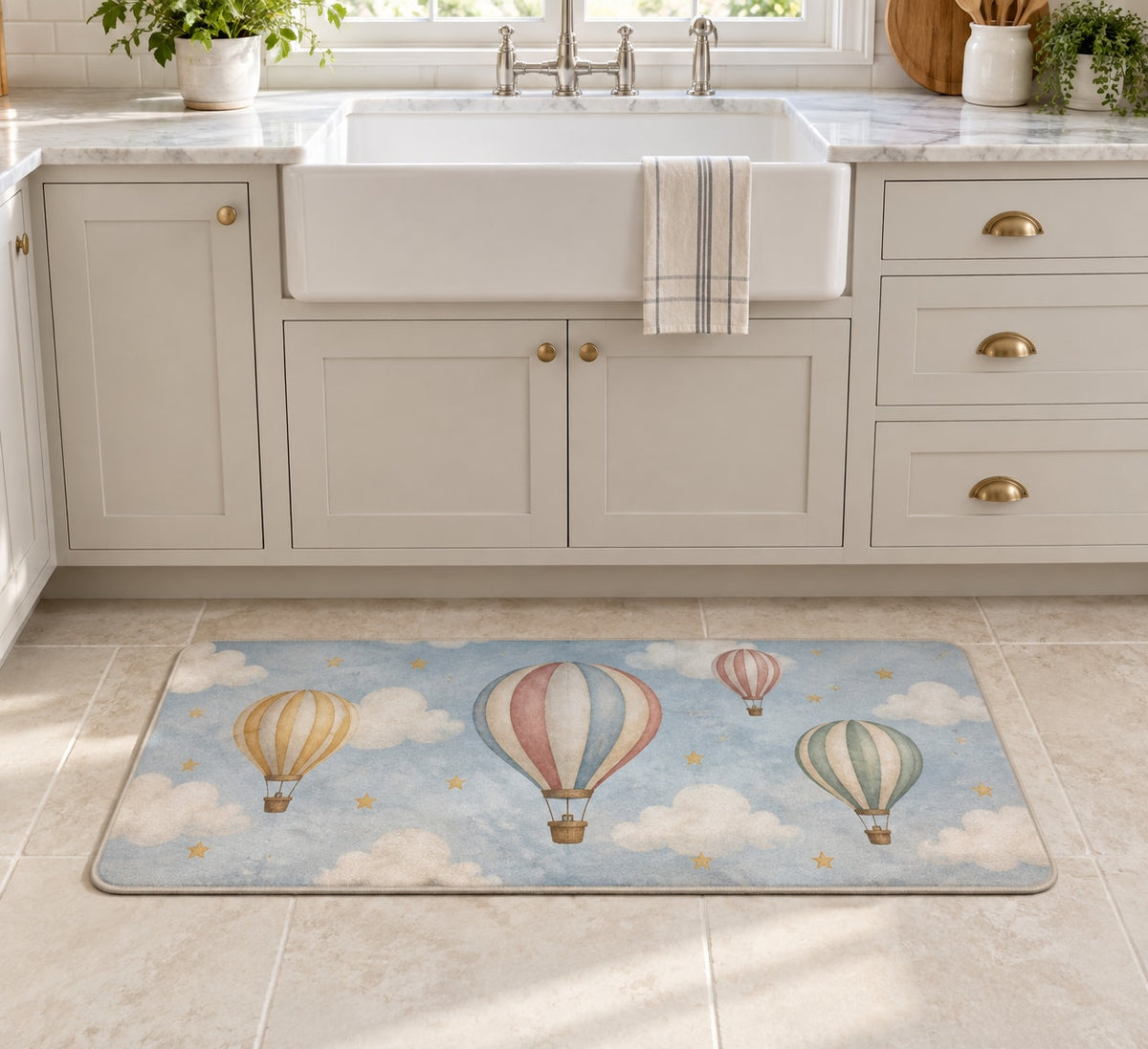 Hot Air Balloon Sky Kitchen Rug with dimensional printed themed artwork; representative AI-generated mockup.