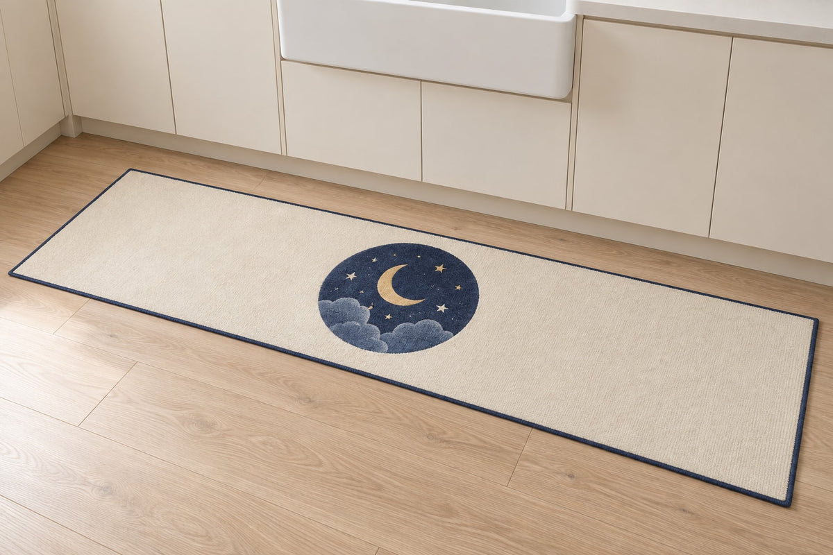 Celestial Wedding Night Kitchen Rug with dimensional printed themed artwork; representative AI-generated mockup.