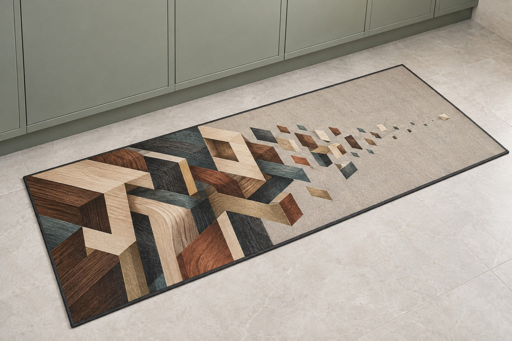 Joinery Strata Cascade Kitchen Rug with dimensional printed themed artwork; representative AI-generated mockup.
