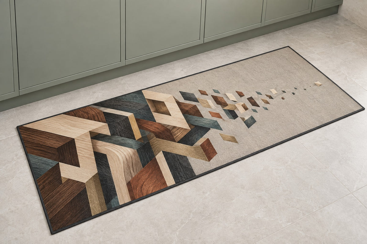 Joinery Strata Cascade Kitchen Rug with dimensional printed themed artwork; representative AI-generated mockup.
