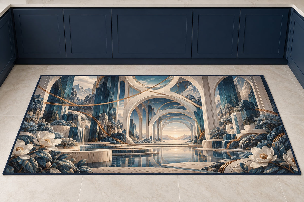 Structural Horizon Atrium Kitchen Rug with dimensional printed themed artwork; representative AI-generated mockup.