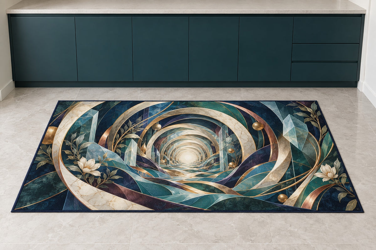 Equilibrium Ledger Atrium Kitchen Rug with dimensional printed themed artwork; representative AI-generated mockup.