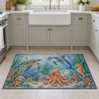 Ocean Animal Alphabet Kitchen Rug with dimensional printed themed artwork; representative AI-generated mockup.