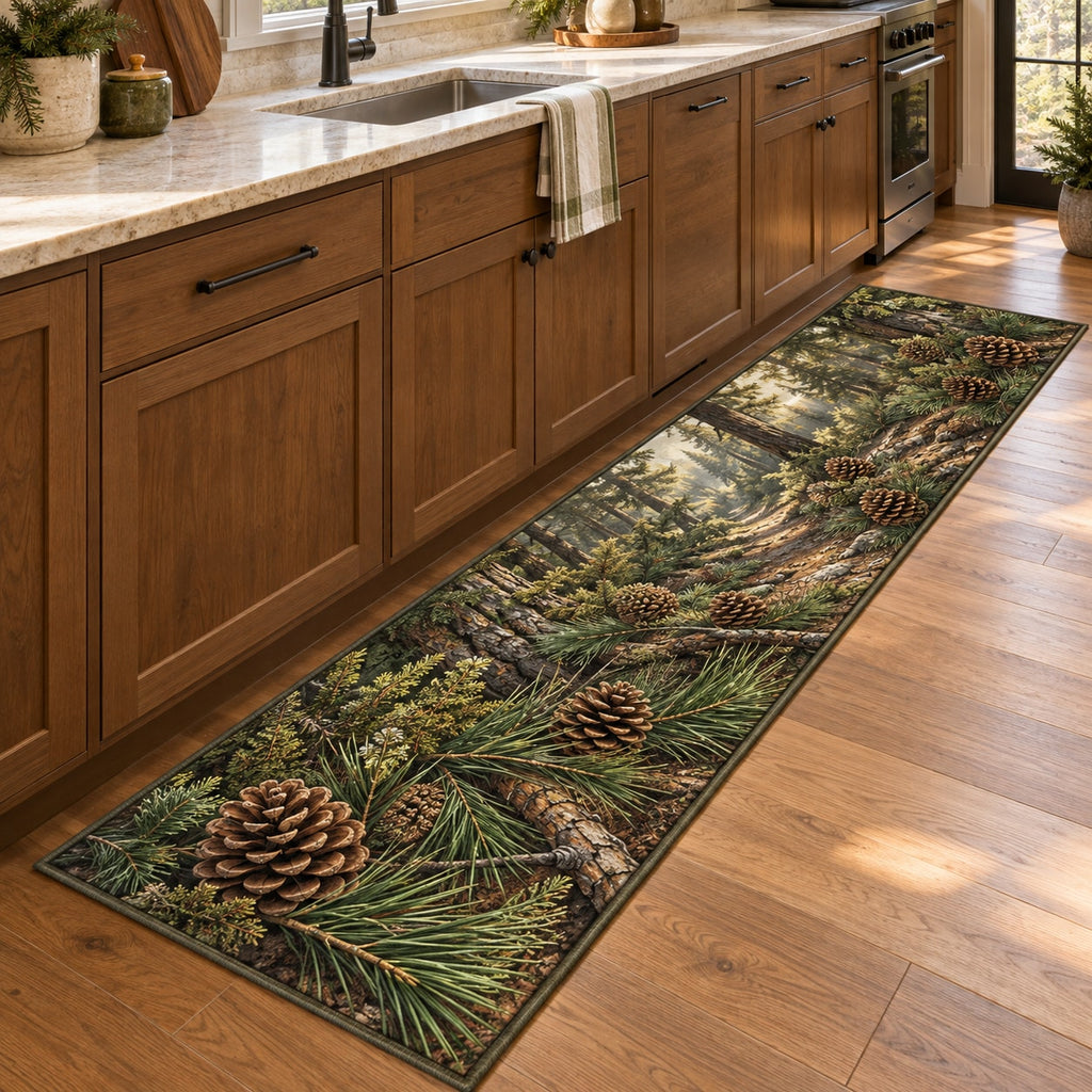 Pinecones and Needles Kitchen Rug with dimensional printed themed artwork; representative AI-generated mockup.