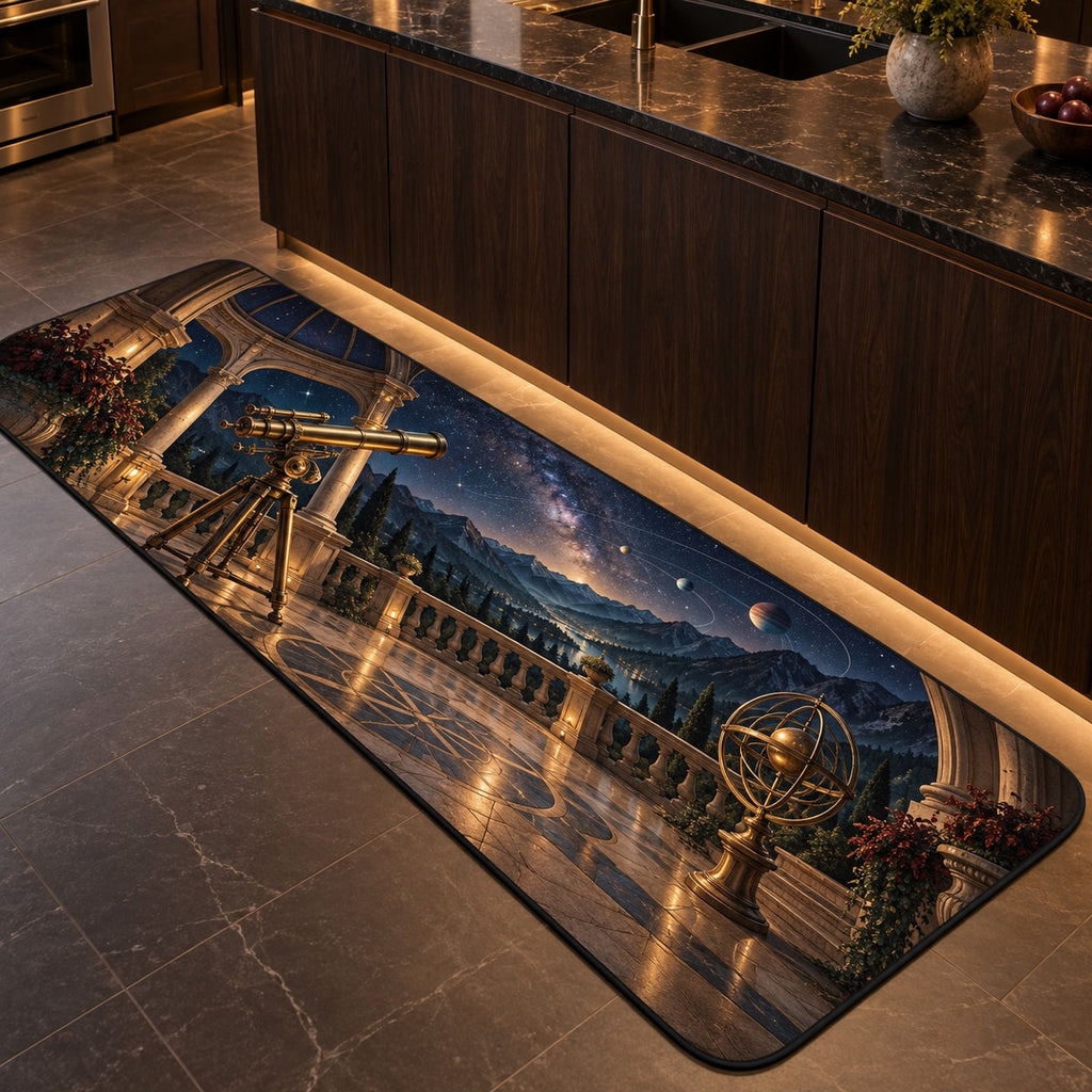 Astronomical Instruments Kitchen Rug with dimensional printed themed artwork; representative AI-generated mockup.