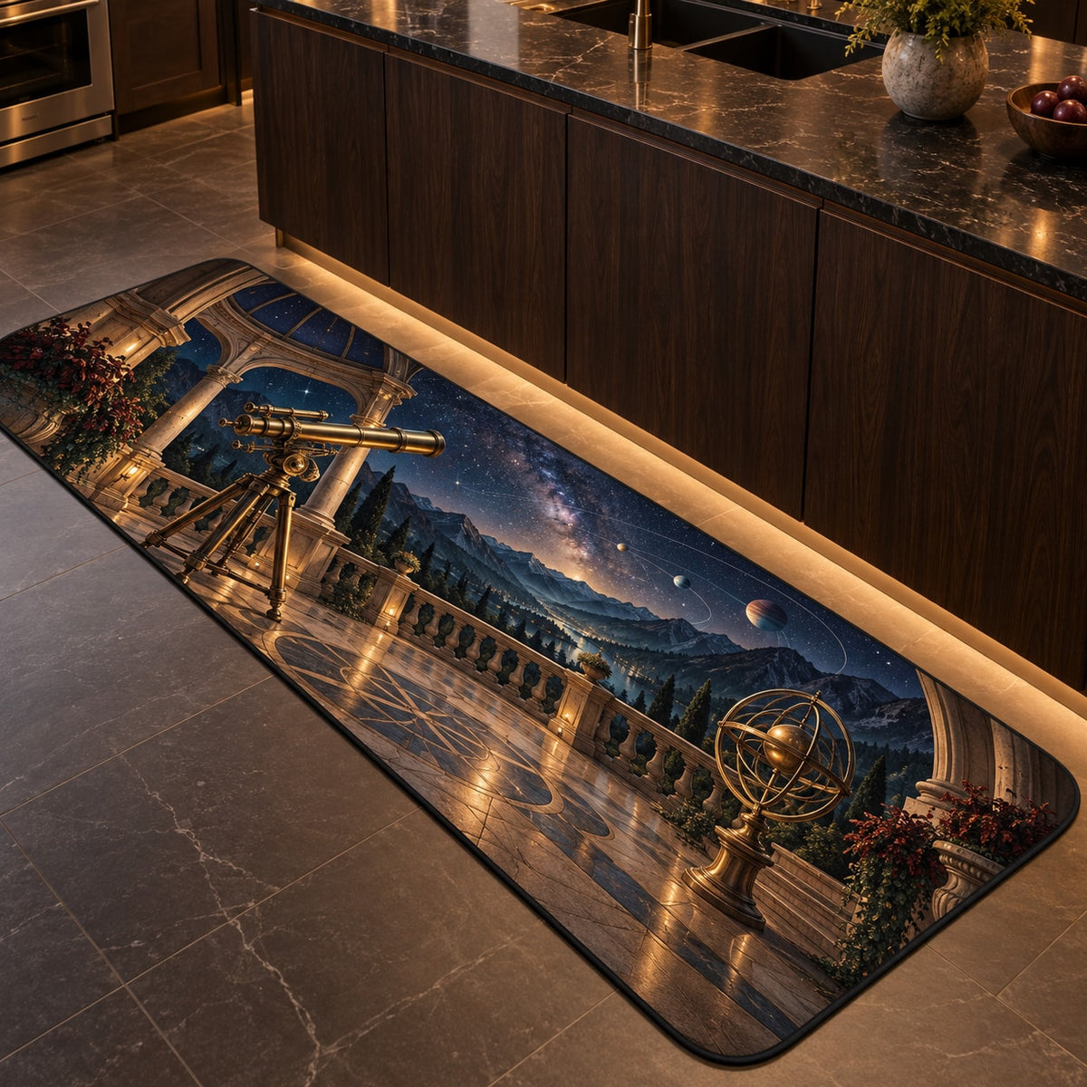 Astronomical Instruments Kitchen Rug with dimensional printed themed artwork; representative AI-generated mockup.