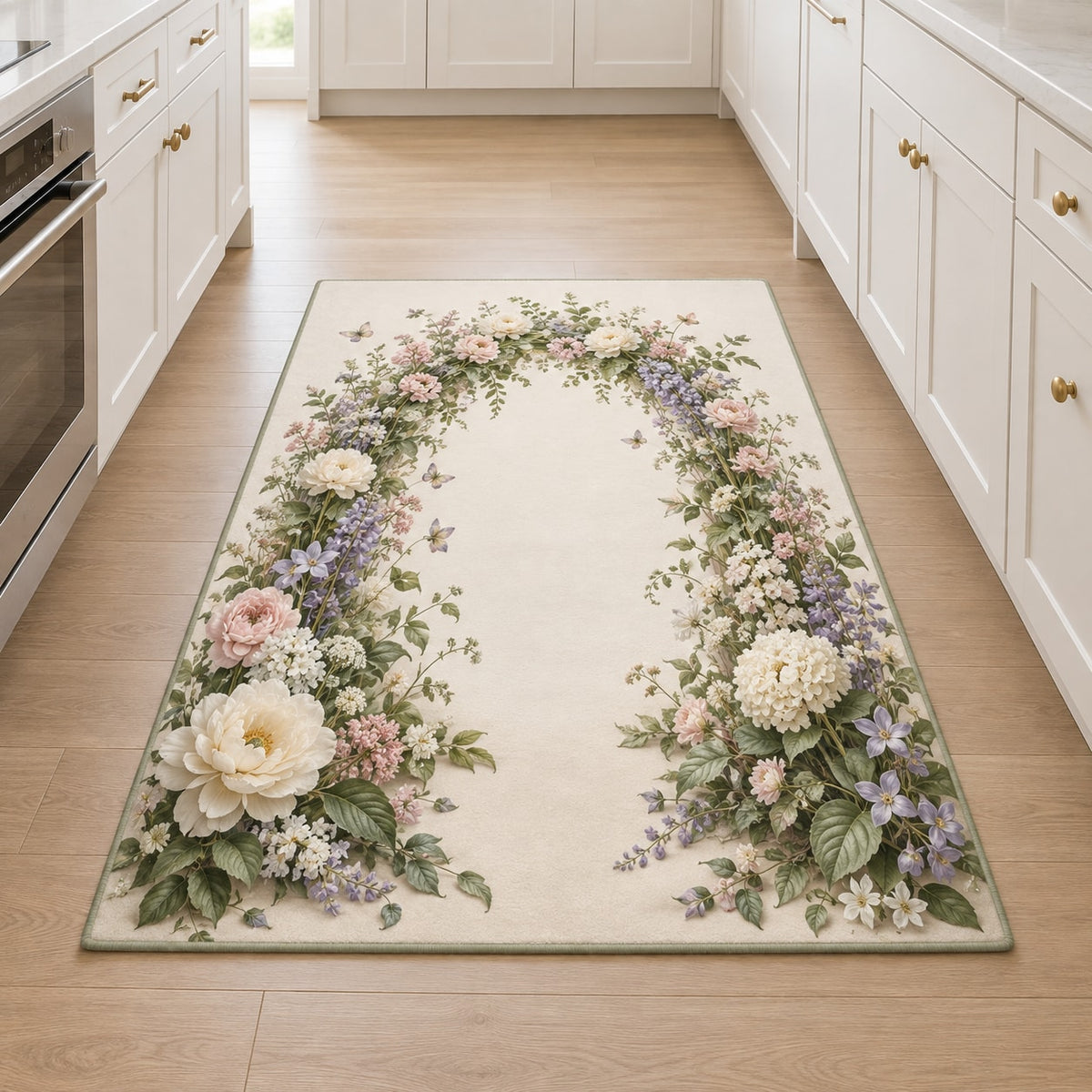 First Birthday Garden Arch Kitchen Rug with dimensional printed themed artwork; representative AI-generated mockup.